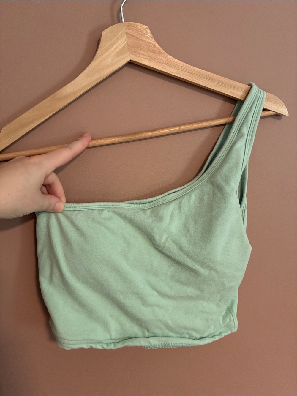 Klassy Network Brami One-Shoulder Crop Top in Sage Green